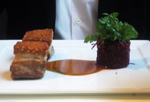 "Duroc" pork belly marinated red cabbage from Fischers Fritz in Berlin