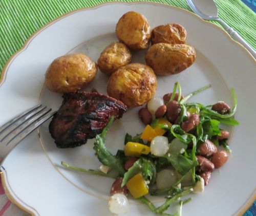 Salad, steak, potatoes